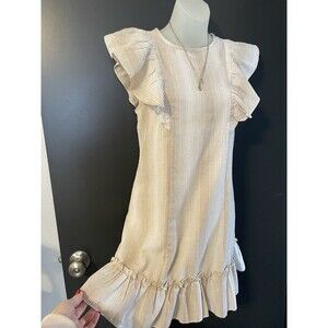 Altar'd State Women's Mini Cream & Tan Striped Dress Ruffled Sleeves & Hem XS